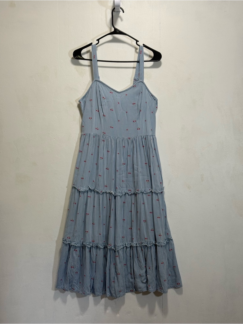 Japna Light Blue Gingham Cherry Print Smocked Tiered Sun Dress Women's Sz L